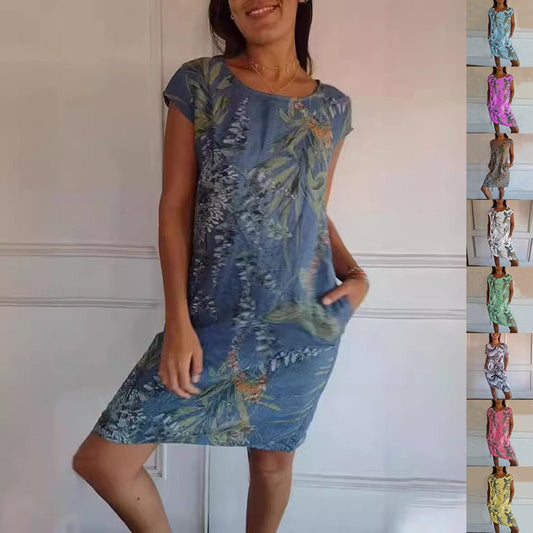 Robe droite à imprimé fleurs et feuilles, ample, col rond, manches courtes, vêtements pour femmes, été - KaoKao