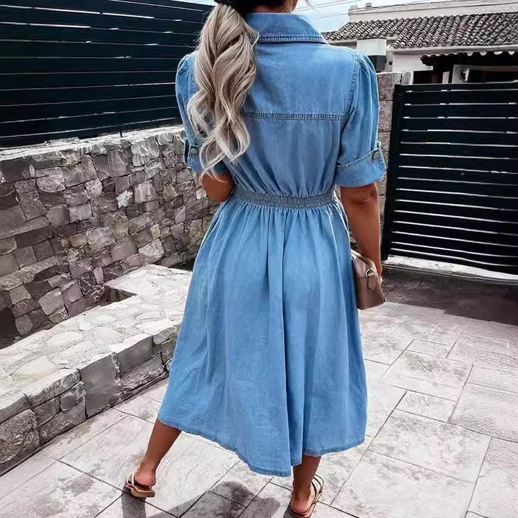 Robe en jean à simple boutonnage et revers pour femme, coupe ajustée, manches courtes, tendance, été - KaoKao