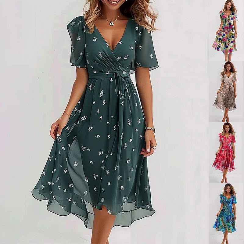 Robe en mousseline imprimée à manches courtes, élégante robe d'été à col en V, vêtements pour femmes - KaoKao