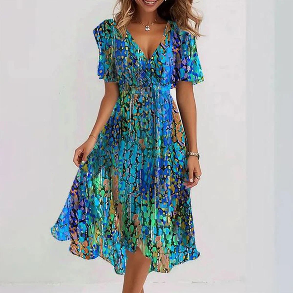 Robe en mousseline imprimée à manches courtes, élégante robe d'été à col en V, vêtements pour femmes - KaoKao