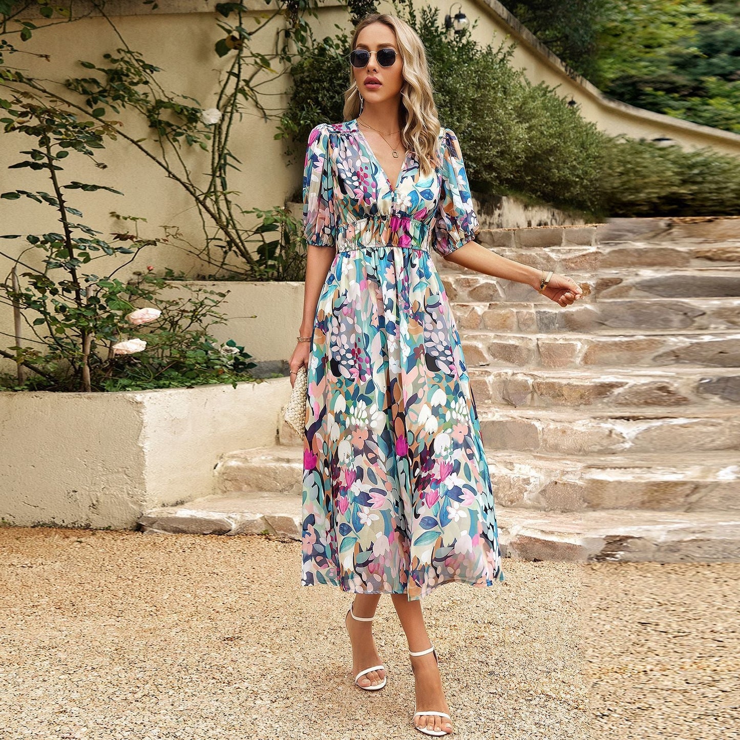 Robe imprimée à col en V et taille ajustée Summer Temperament - KaoKao