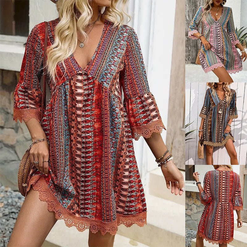Robe imprimée style bohème à col en V, tenue de plage décontractée et ample pour femmes - KaoKao