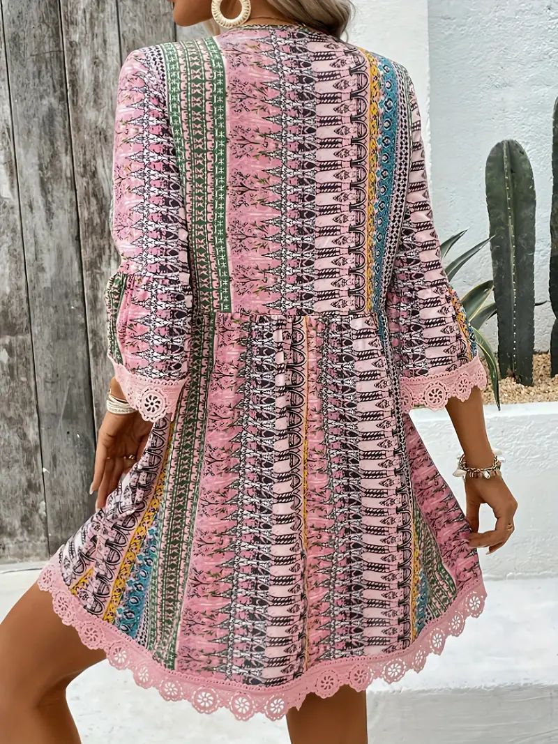 Robe imprimée style bohème à col en V, tenue de plage décontractée et ample pour femmes - KaoKao