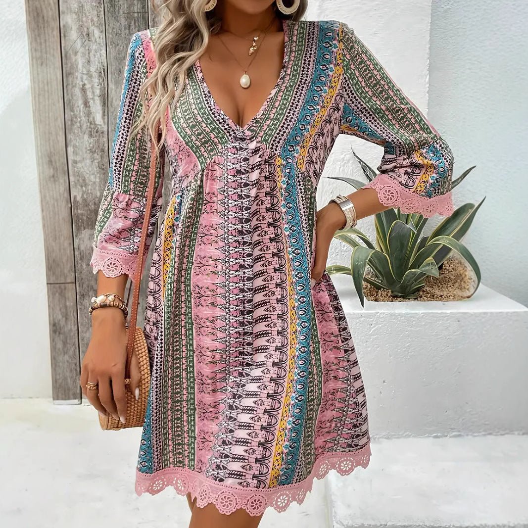 Robe imprimée style bohème à col en V, tenue de plage décontractée et ample pour femmes - KaoKao