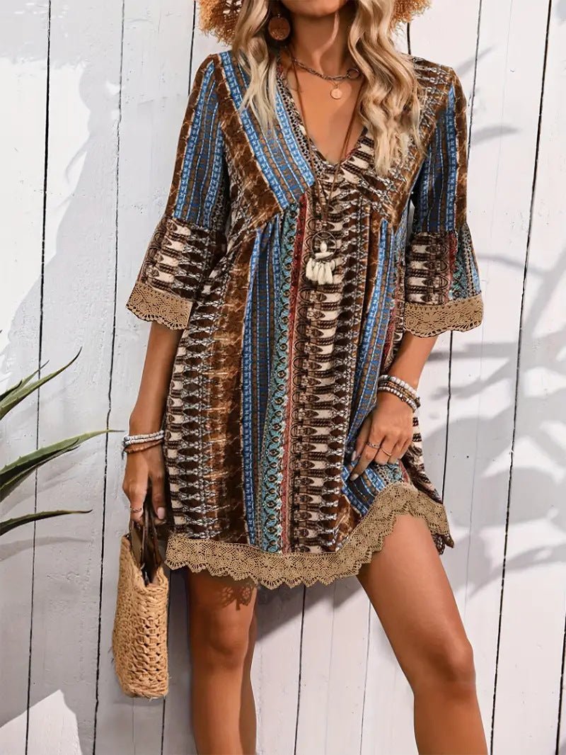 Robe imprimée style bohème à col en V, tenue de plage décontractée et ample pour femmes - KaoKao