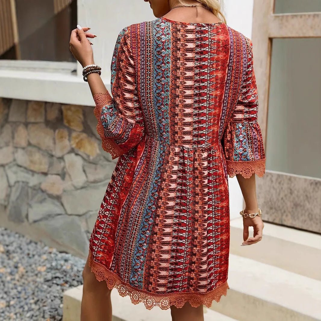 Robe imprimée style bohème à col en V, tenue de plage décontractée et ample pour femmes - KaoKao