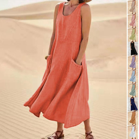 Robe longue d'été sans manches avec poches, style décontracté et ample, vêtements pour femmes - KaoKao