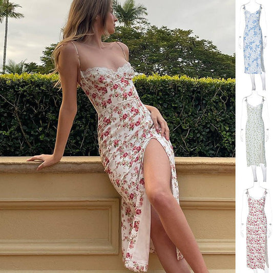 Robe longue en dentelle à imprimé floral, robe sexy à bretelles fendues, vêtements d'été pour femmes - KaoKao