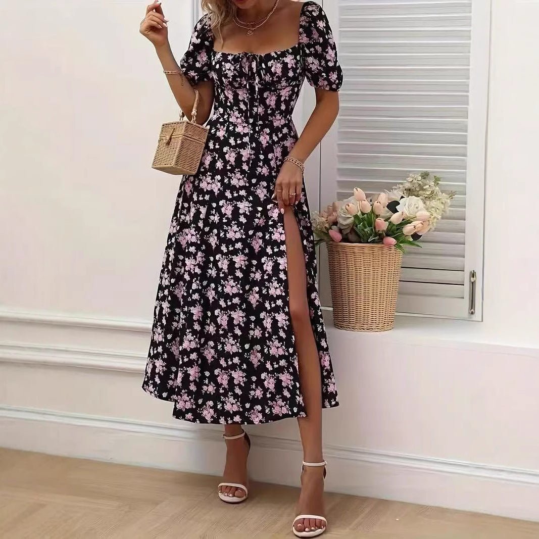 Robe longue fendue à manches courtes et imprimé floral, mode estivale, à lacets, pour la plage, vêtements pour femmes - KaoKao