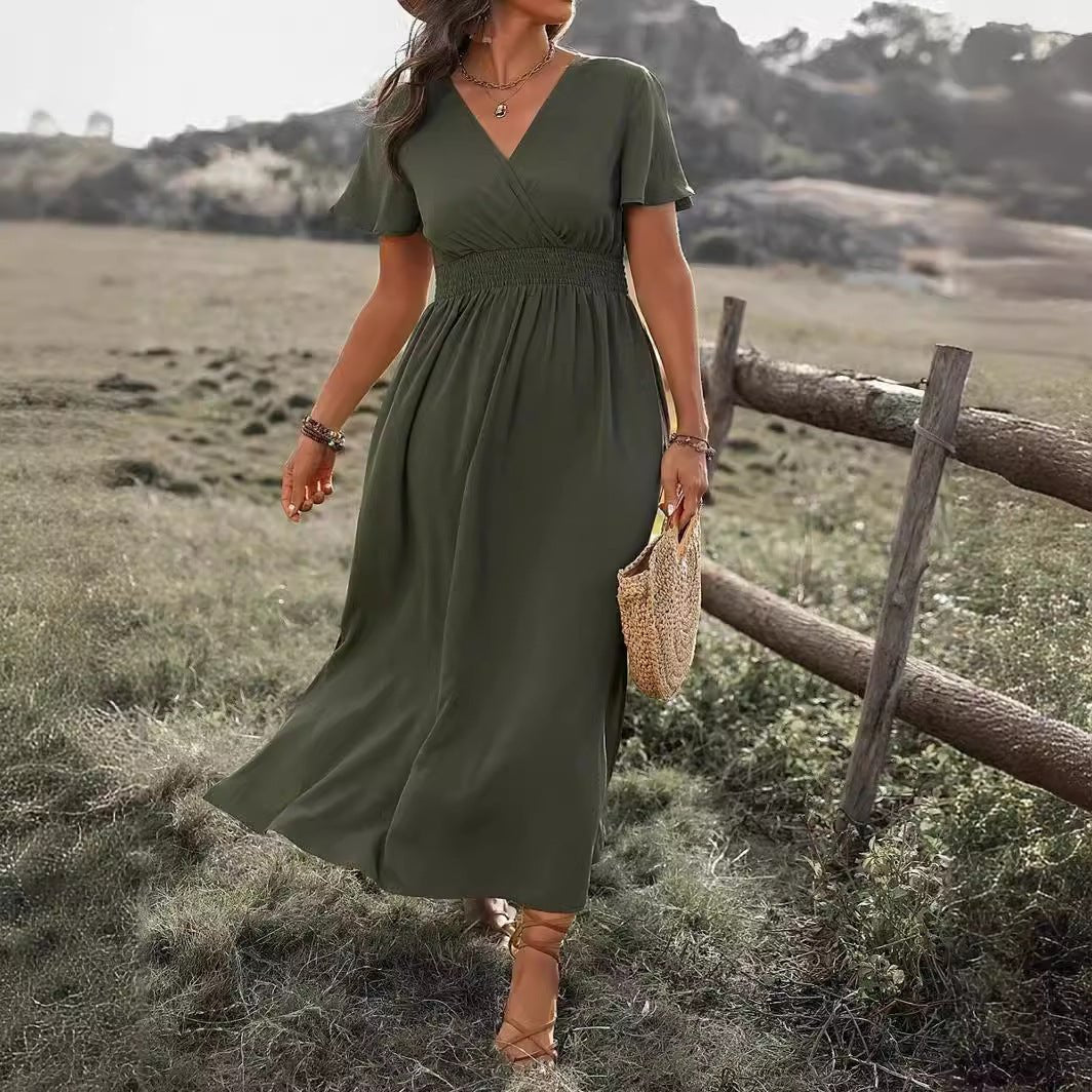 Robe longue fendue, couleur unie, col en V, manches cloche, élastique et taille haute - KaoKao