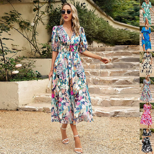 Robe longue imprimée à manches courtes et col en V pour femme, vêtement d'été à la mode, slim, idéal pour les vacances en bord de mer ou la plage - KaoKao
