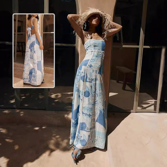 Robe longue sexy en dentelle à imprimé floral, dos nu, bretelles et nœud, vêtements pour femmes - KaoKao
