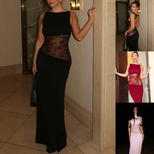 Robe longue transparente à dos nu et sans manches en dentelle cousue, taille moyenne - KaoKao