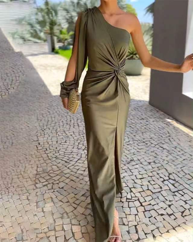 Robe moulante fendue à épaules dénudées et à volants pour femme, couleur unie - KaoKao