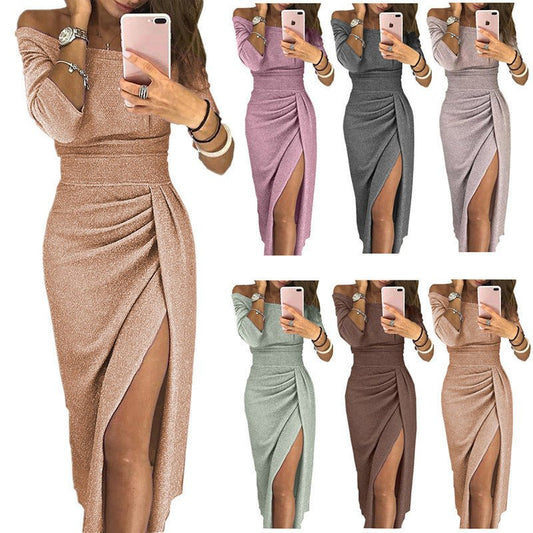 Robe moulante sexy à épaules dénudées et paillettes, élégante, à manches longues - KaoKao
