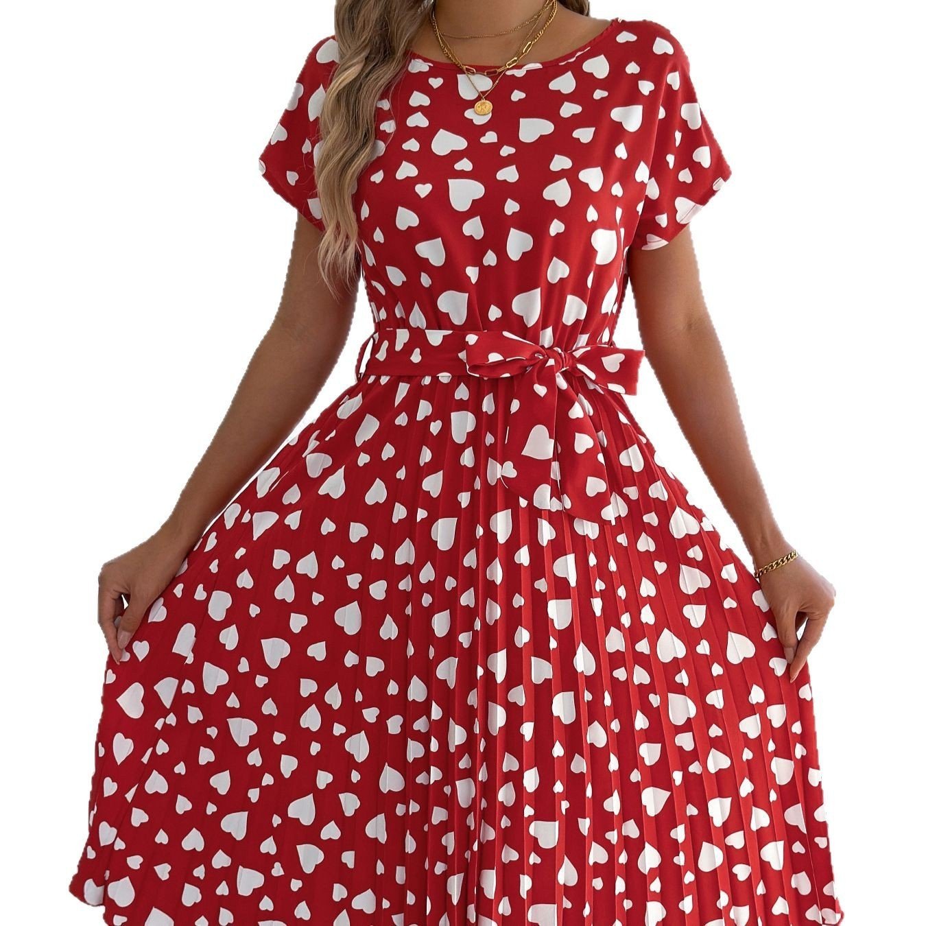 Robe plissée décontractée à manches courtes et taille ajustée, motif cœur et couleur contrastée - KaoKao