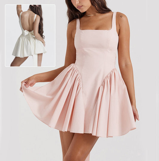 Robe sans manches à col carré et nœud dos nu, tenue d'été courte et ajustée pour femme - KaoKao