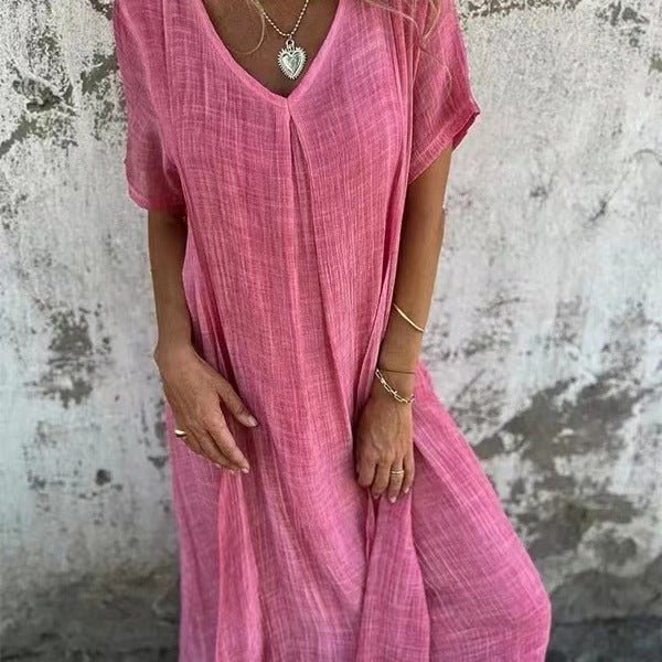 Robe semi - formelle à col en V en coton et lin pour femme - KaoKao