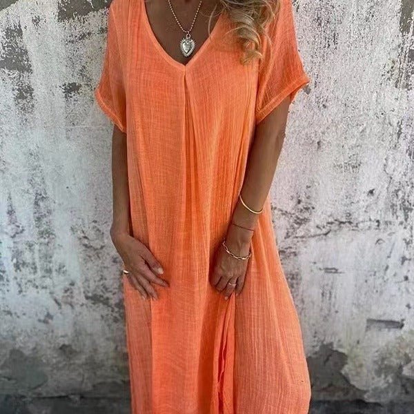 Robe semi - formelle à col en V en coton et lin pour femme - KaoKao