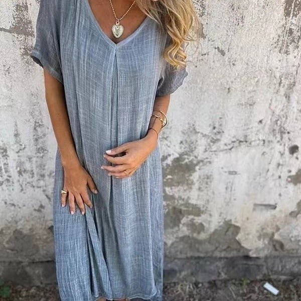 Robe semi - formelle à col en V en coton et lin pour femme - KaoKao