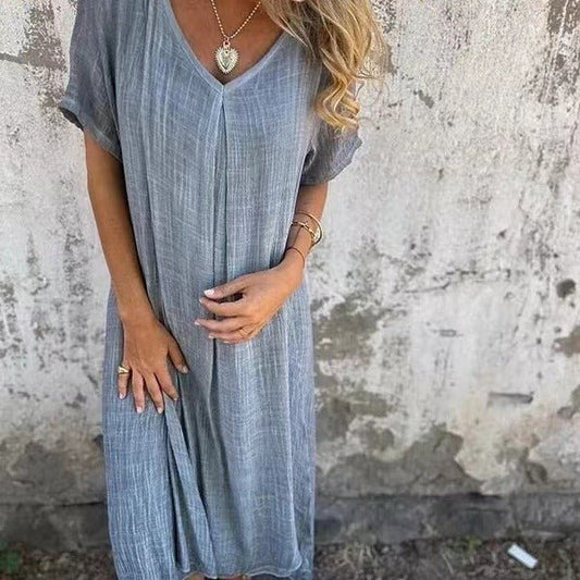 Robe semi - formelle à col en V en coton et lin pour femme - KaoKao