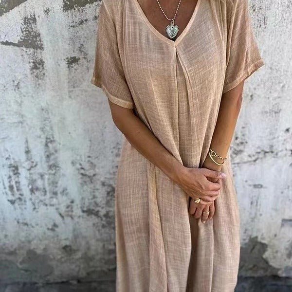 Robe semi - formelle à col en V en coton et lin pour femme - KaoKao