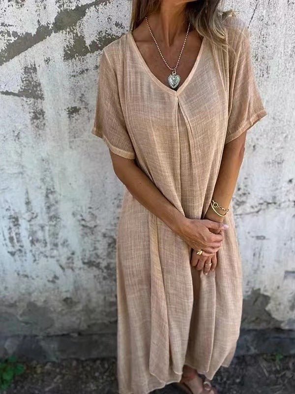 Robe semi - formelle à col en V en coton et lin pour femme - KaoKao
