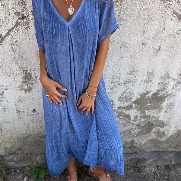 Robe semi - formelle à col en V en coton et lin pour femme - KaoKao