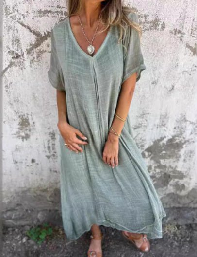 Robe semi - formelle à col en V en coton et lin pour femme - KaoKao
