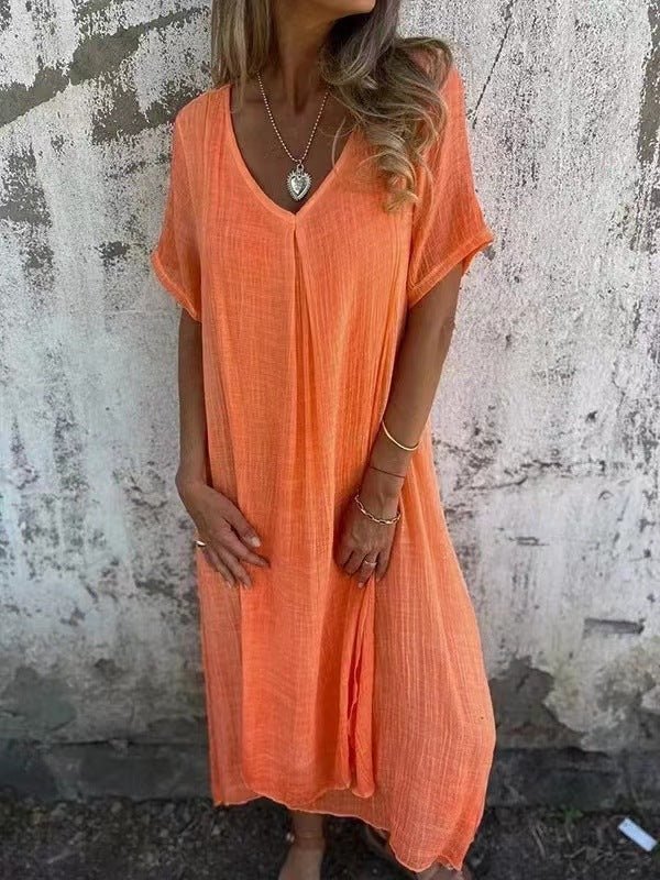 Robe semi - formelle à col en V en coton et lin pour femme - KaoKao