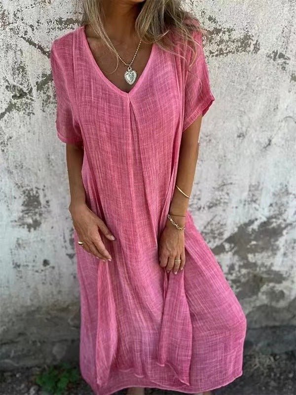 Robe semi - formelle à col en V en coton et lin pour femme - KaoKao