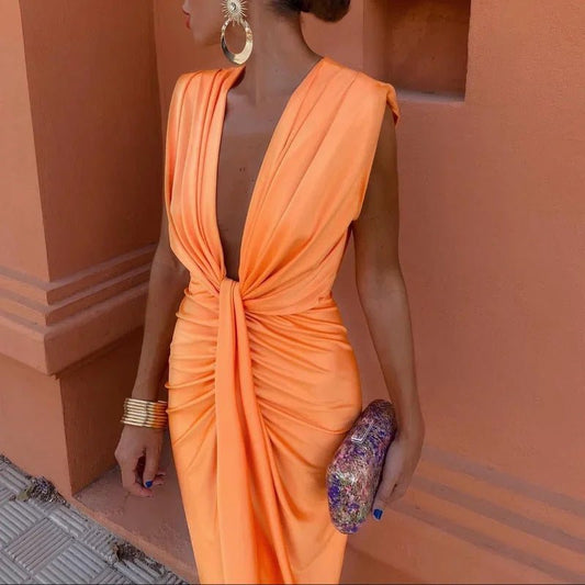 Robe taille haute en dentelle de couleur unie à col en V - KaoKao