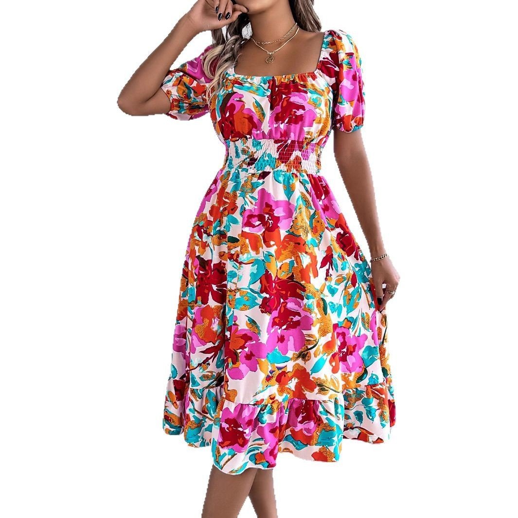 Robe trapèze décontractée à fleurs, col carré, manches courtes, taille à volants - KaoKao