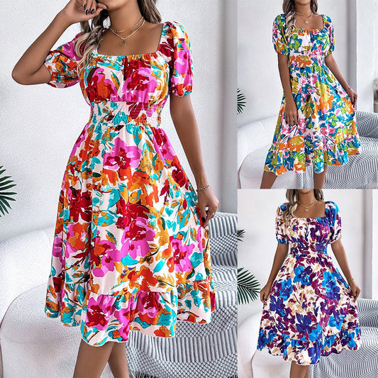 Robe trapèze décontractée à fleurs, col carré, manches courtes, taille à volants - KaoKao