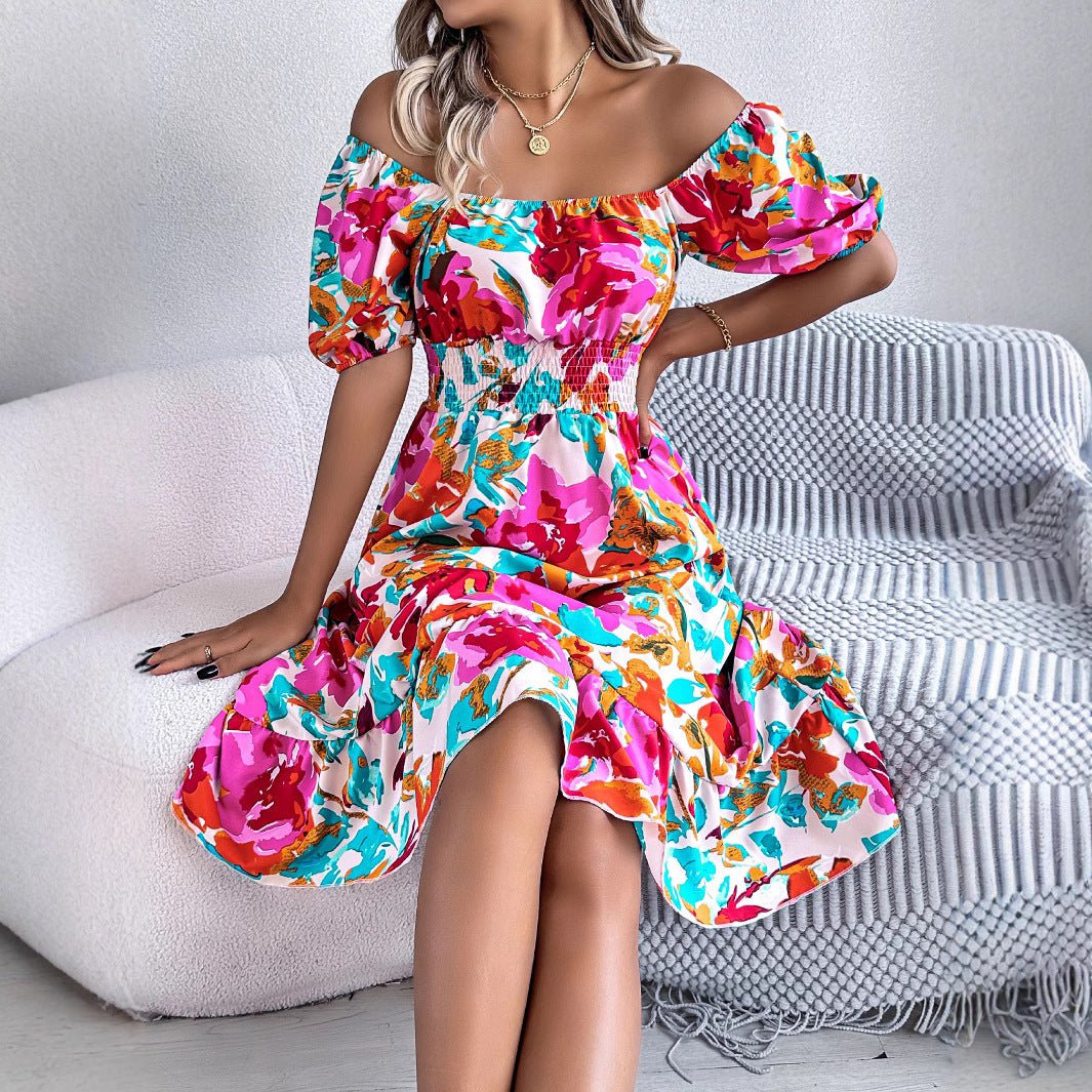 Robe trapèze décontractée à fleurs, col carré, manches courtes, taille à volants - KaoKao