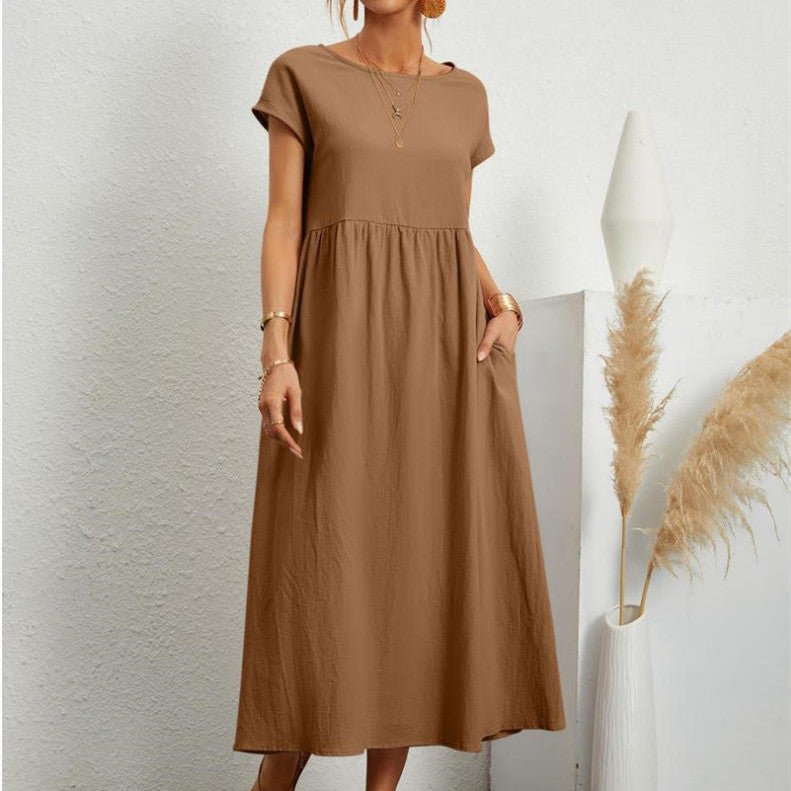Robe unie sans manches en coton et lin avec poches amples - KaoKao
