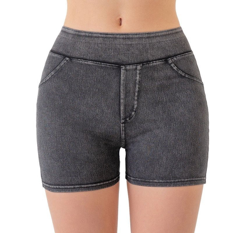 Short de yoga taille haute en jean pour femme, short de sport élastique et de fitness - KaoKao