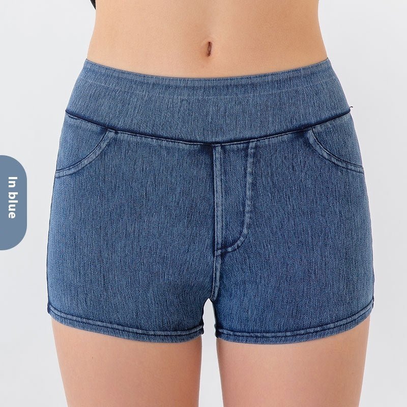 Short de yoga taille haute en jean pour femme, short de sport élastique et de fitness - KaoKao