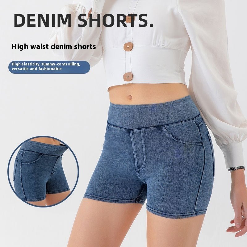 Short de yoga taille haute en jean pour femme, short de sport élastique et de fitness - KaoKao