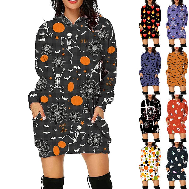 Sweat à capuche long imprimé Halloween avec poches, pull à manches longues, vêtements pour femmes - KaoKao