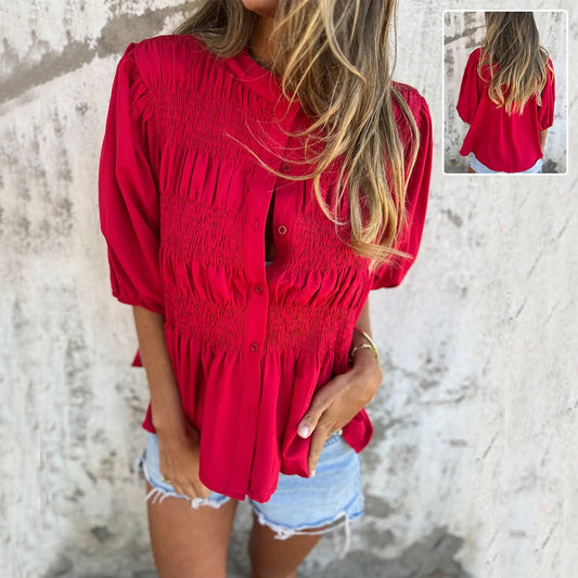 T-shirt à manches courtes et boutons plissés, décontracté, ample, couleur unie, col rond, hauts d'été, vêtements pour femmes - KaoKao