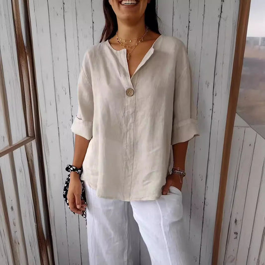 T-shirt ample européen et américain pour femme, col en V, boutonné en coton et lin - KaoKao