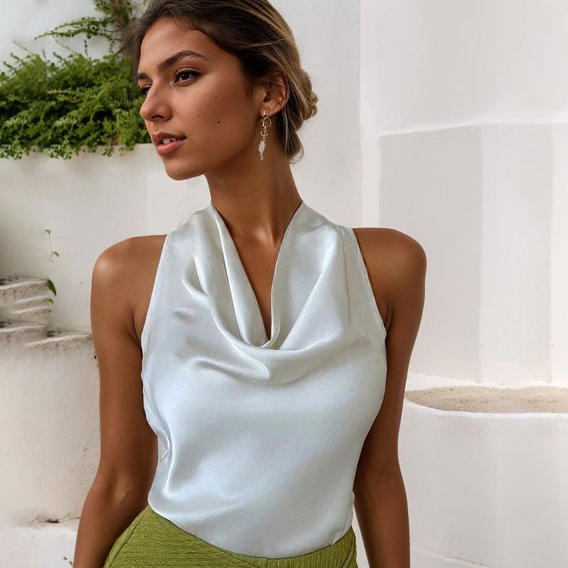 T-shirt sans manches à col évasé et couleur unie pour femme, élégant et tendance, avec décolleté licou et dos nu, manches courtes - KaoKao