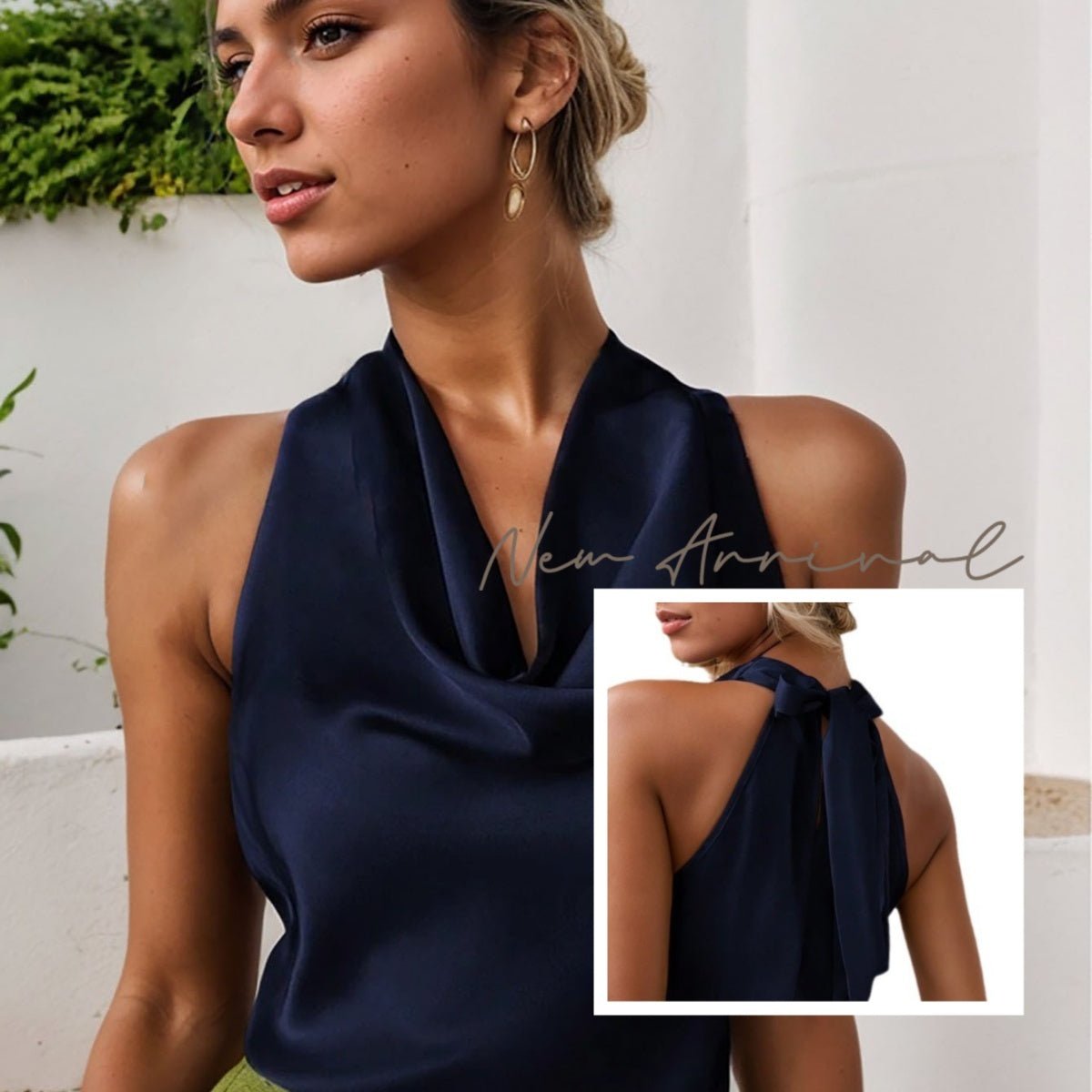 T-shirt sans manches à col évasé et couleur unie pour femme, élégant et tendance, avec décolleté licou et dos nu, manches courtes - KaoKao