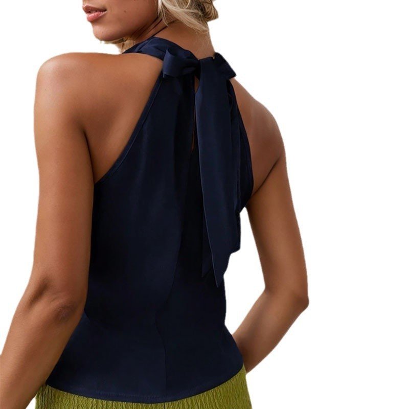 T-shirt sans manches à col évasé et couleur unie pour femme, élégant et tendance, avec décolleté licou et dos nu, manches courtes - KaoKao