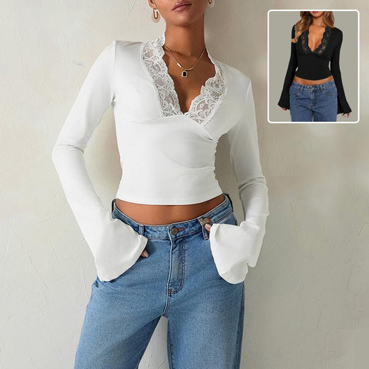 T-shirt slim col V en dentelle, manches trompette, haut à manches longues, vêtements pour femmes - KaoKao
