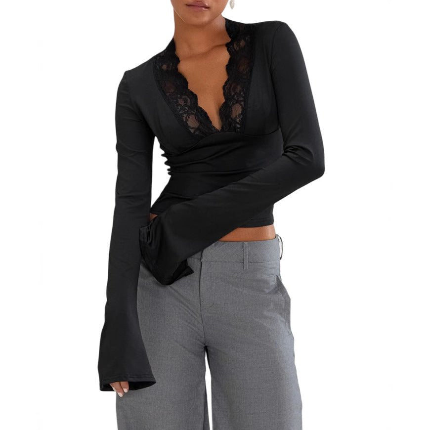 T-shirt slim col V en dentelle, manches trompette, haut à manches longues, vêtements pour femmes - KaoKao