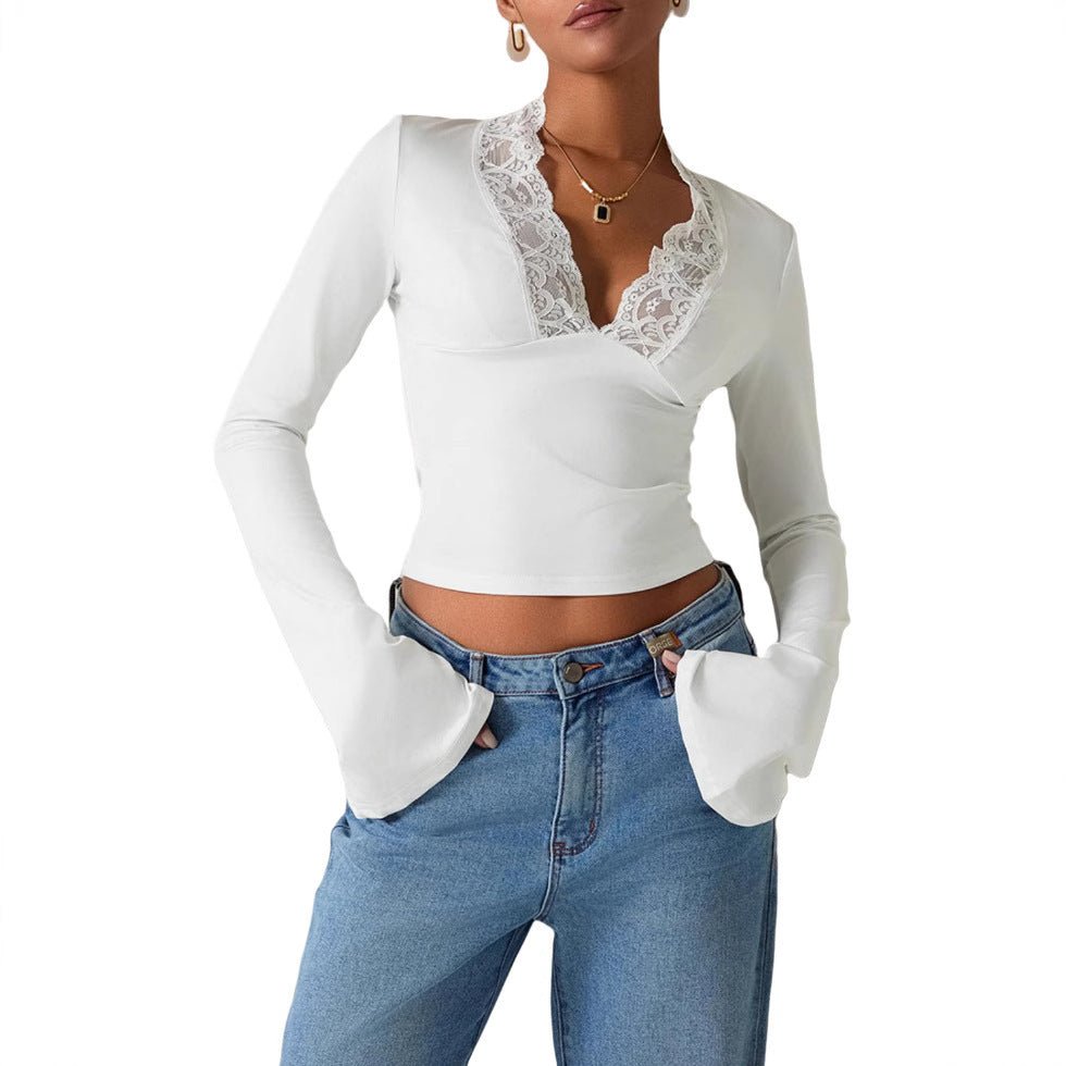 T-shirt slim col V en dentelle, manches trompette, haut à manches longues, vêtements pour femmes - KaoKao