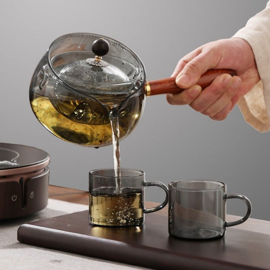 Théière en verre semi - automatique rotative résistante à la chaleur, préparation du thé paresseuse avec infuseur et poignée en bois, accessoires de bureau et de maison, gadgets de cuisine - KaoKao