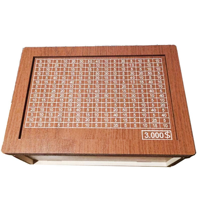 Tirelire en bois réutilisable avec objectif d'épargne et chiffres à cocher. Favorise l'habitude d'épargner. - KaoKao